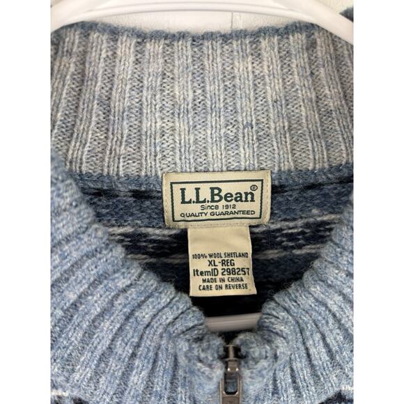 L.L. Bean Men's XL Shetland Wool Sweater Quarter Zip Knit Vintage Blue Fair Isle - Picture 3 of 8